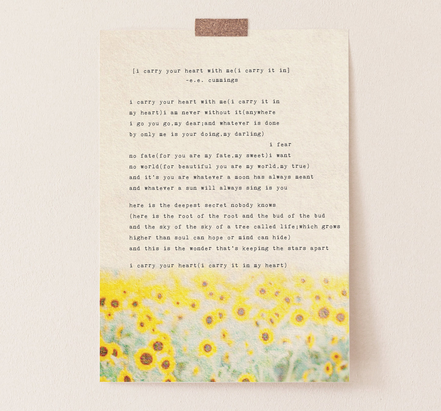 I carry your heart by e.e. cummings poetry print art