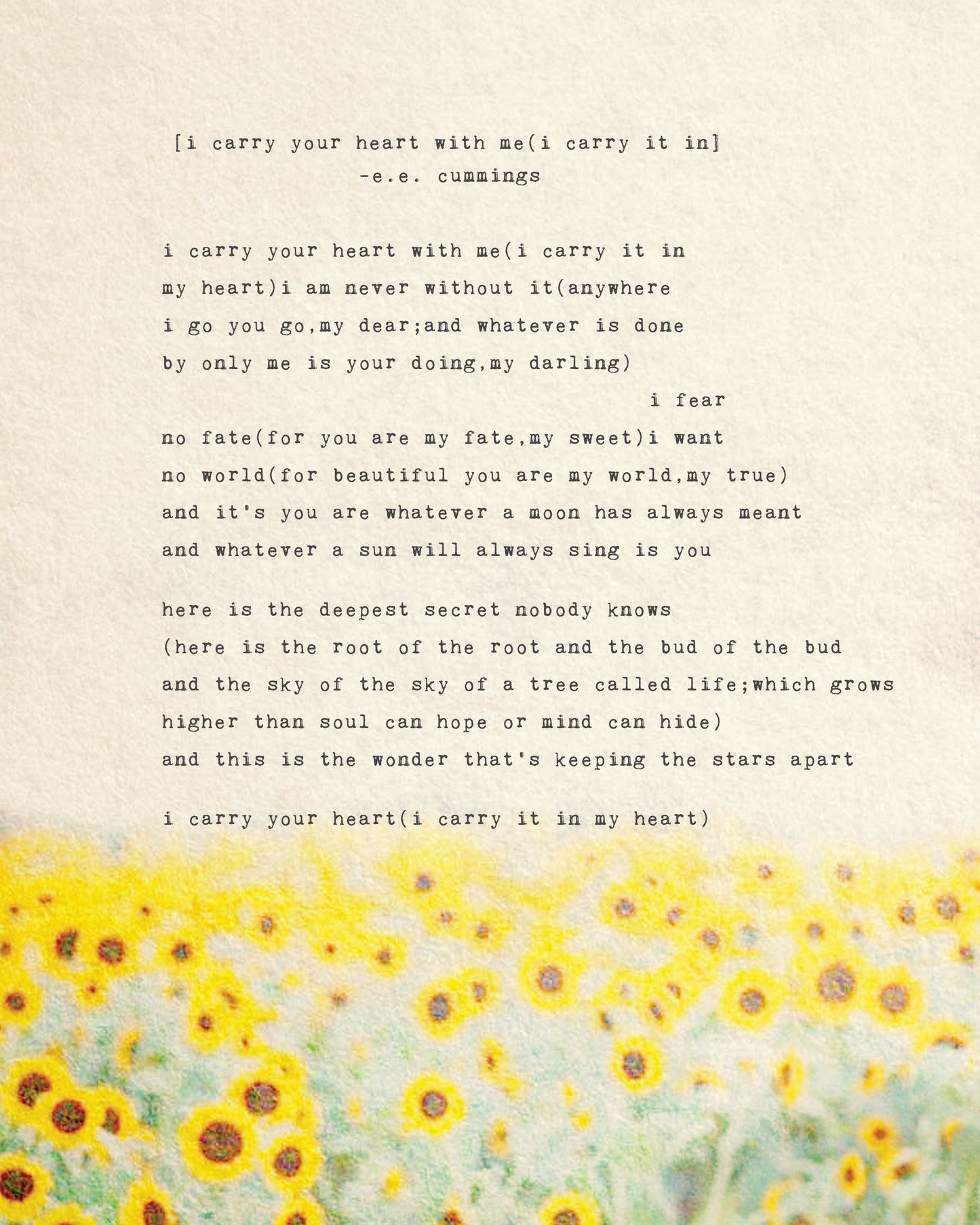 I carry your heart by e.e. cummings poetry print art
