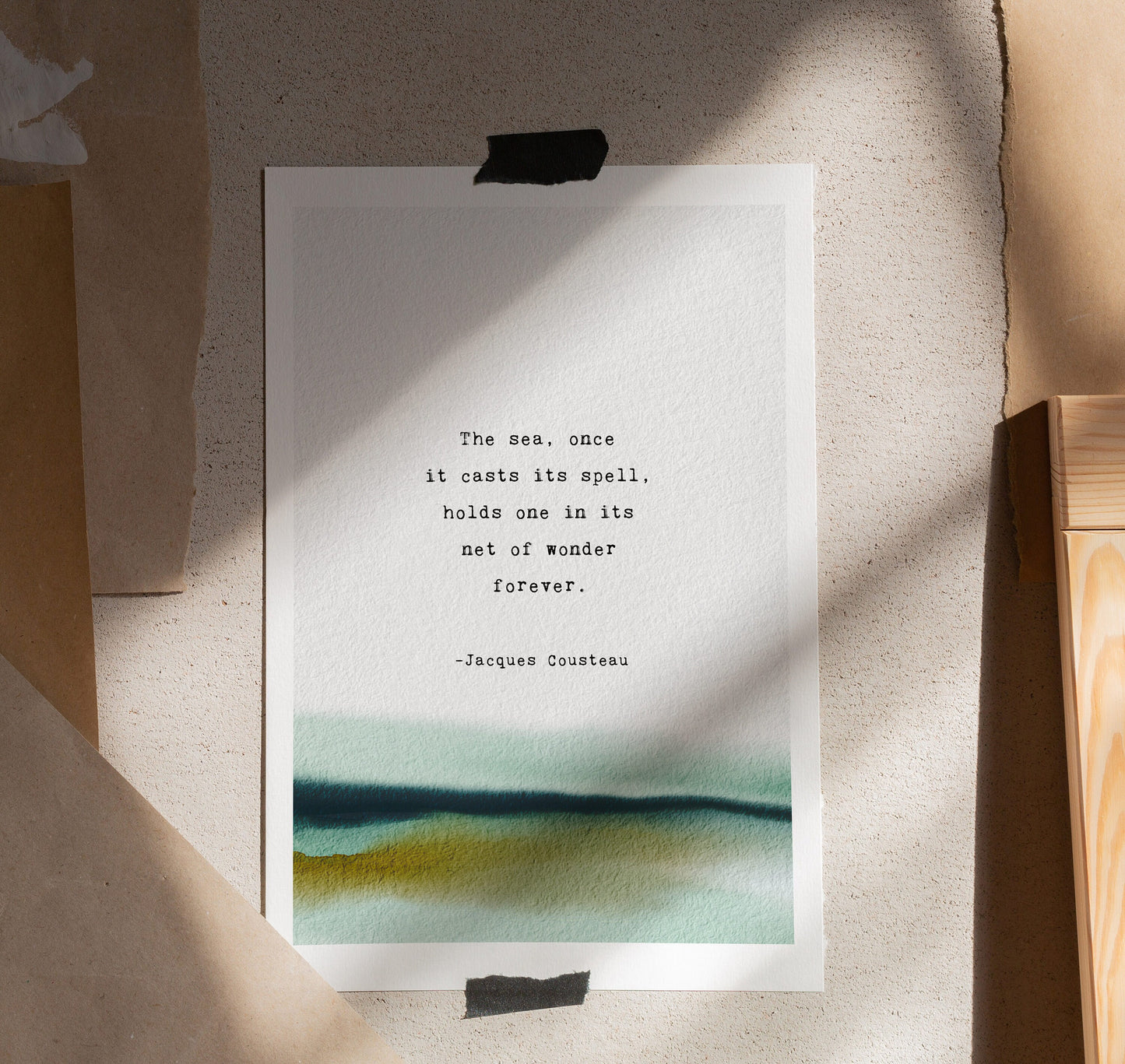 Jacques Cousteau quote print "The sea, once it casts its spell, holds one in its net of wonder forever". Watercolor art with quote.
