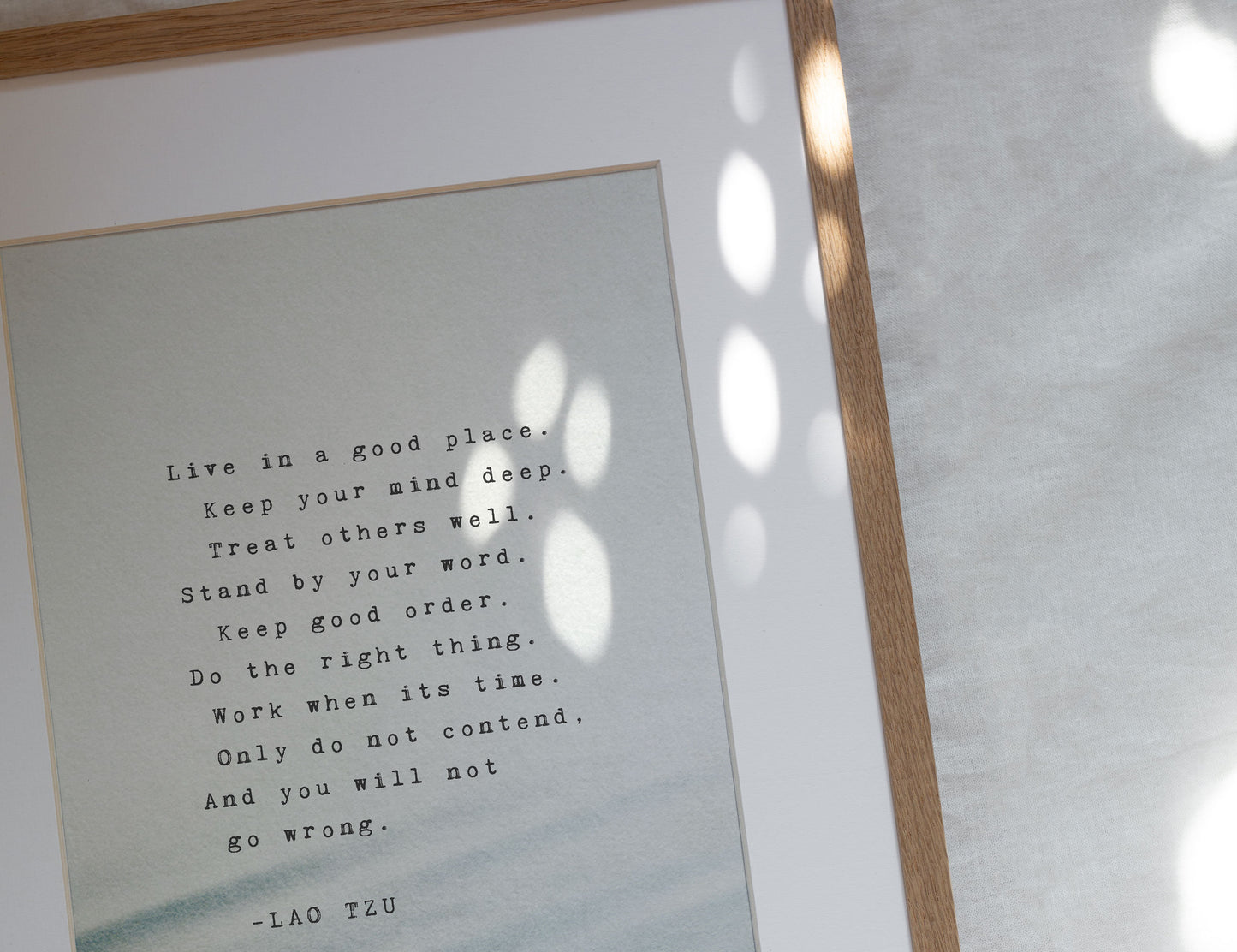 Lao Tzu Quote "Live in a good place...do not contend". Tao Te Ching quote artwork.