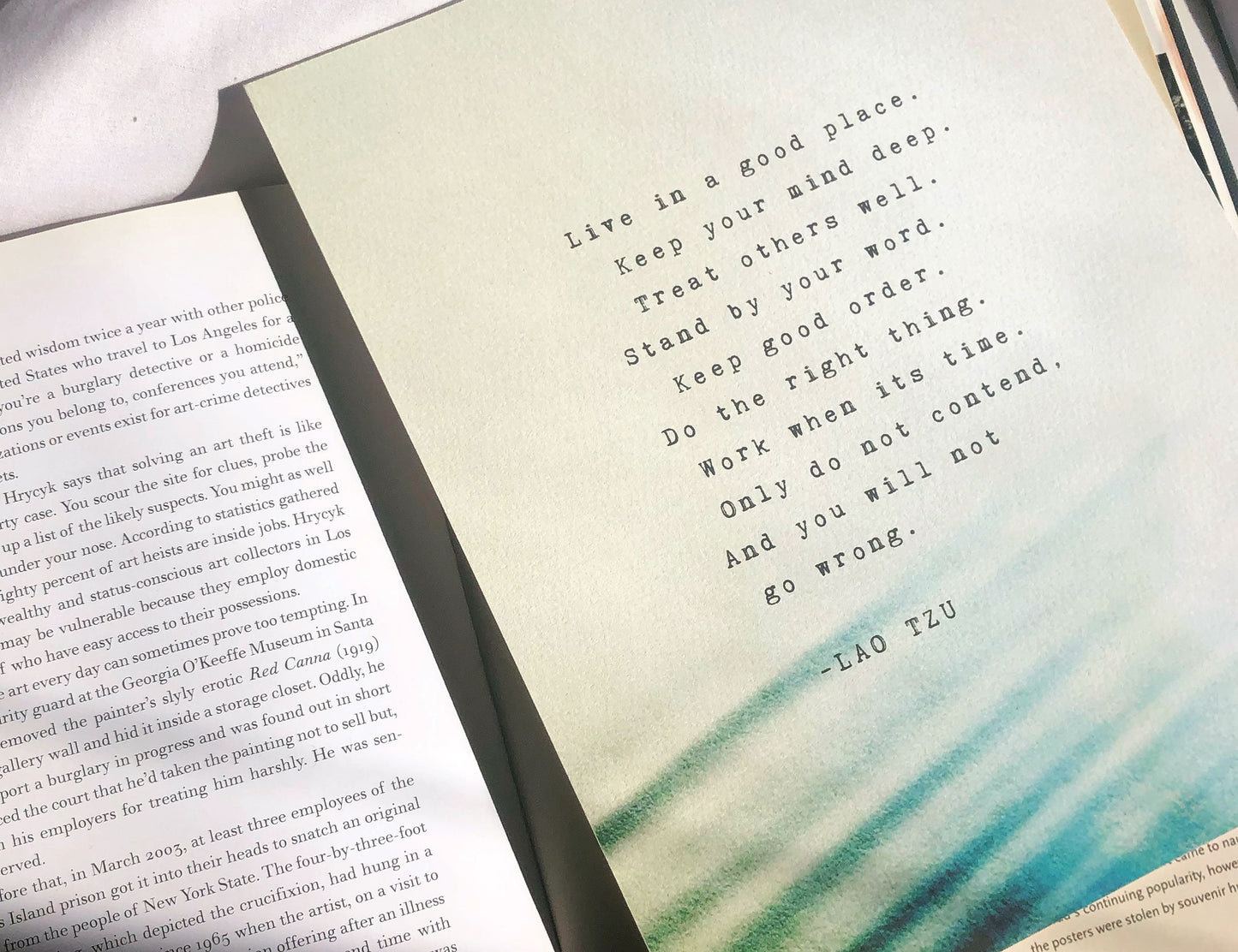 Lao Tzu Quote "Live in a good place...do not contend". Tao Te Ching quote artwork.