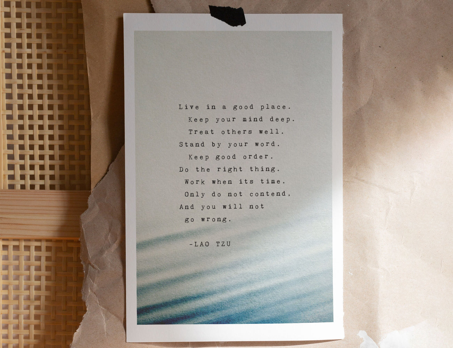 Lao Tzu Quote "Live in a good place...do not contend". Tao Te Ching quote artwork.