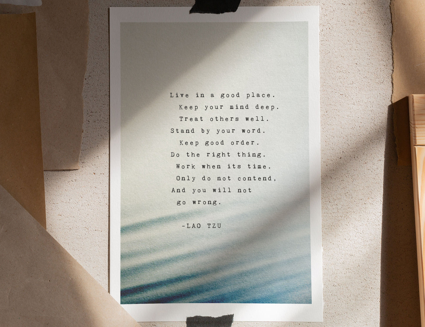 Lao Tzu Quote "Live in a good place...do not contend". Tao Te Ching quote artwork.