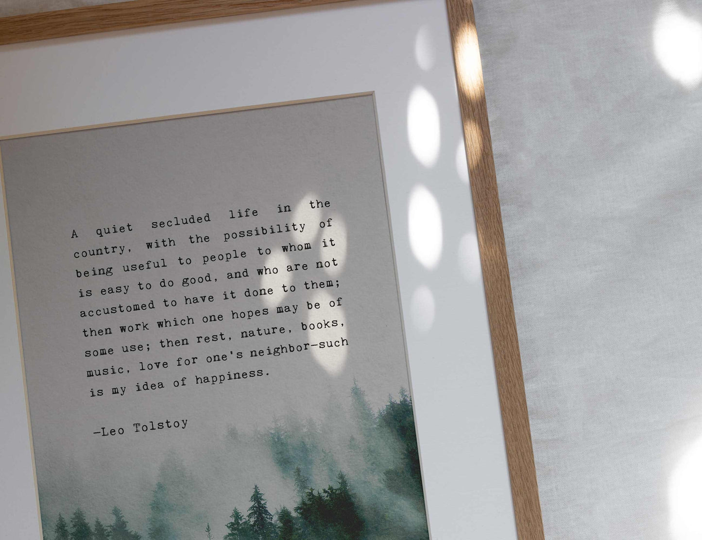 Leo Tolstoy "A quiet life...nature, books, music, love for one’s neighbor—such is my idea of happiness" quote print, men's art, gift for him