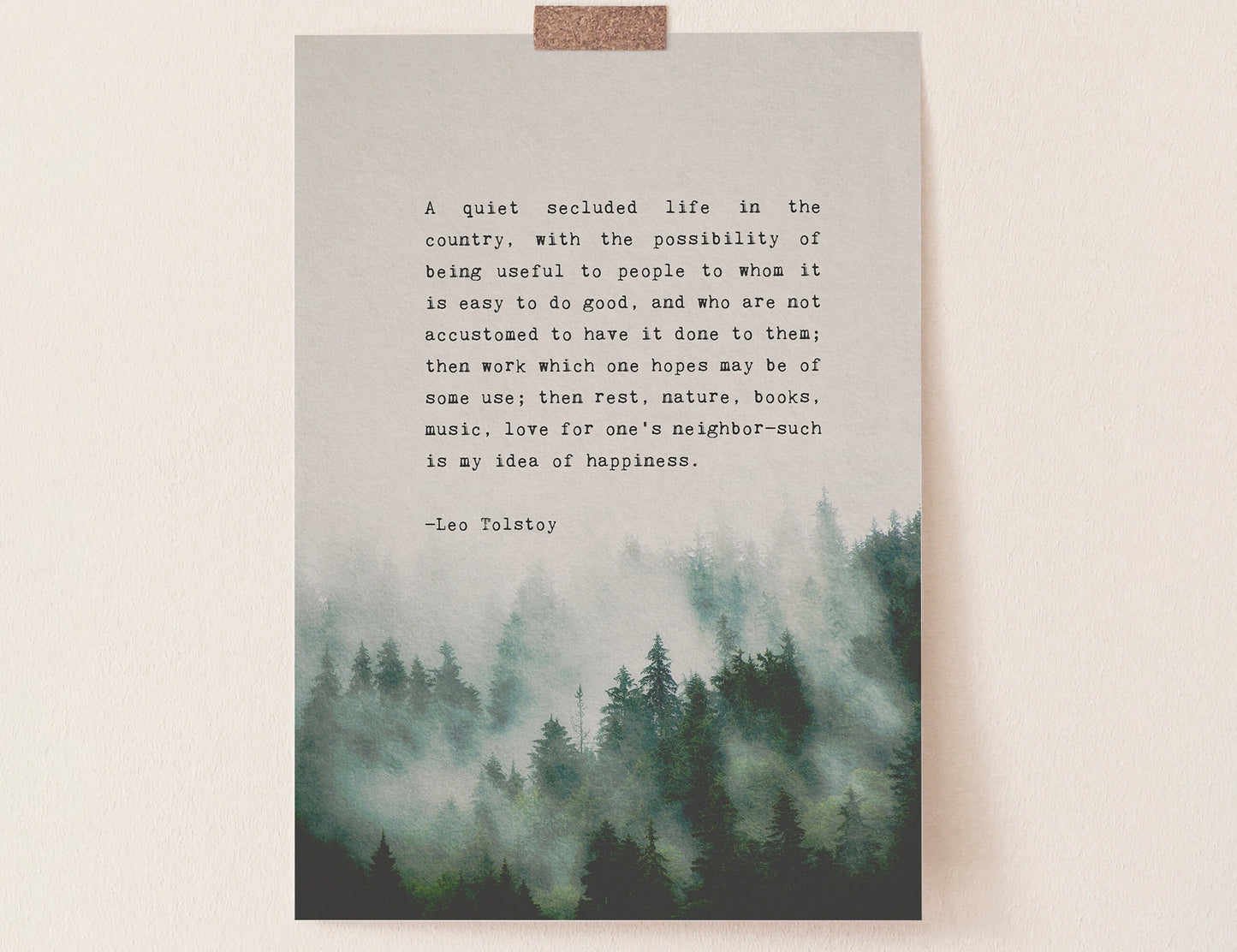 Leo Tolstoy "A quiet life...nature, books, music, love for one’s neighbor—such is my idea of happiness" quote print, men's art, gift for him