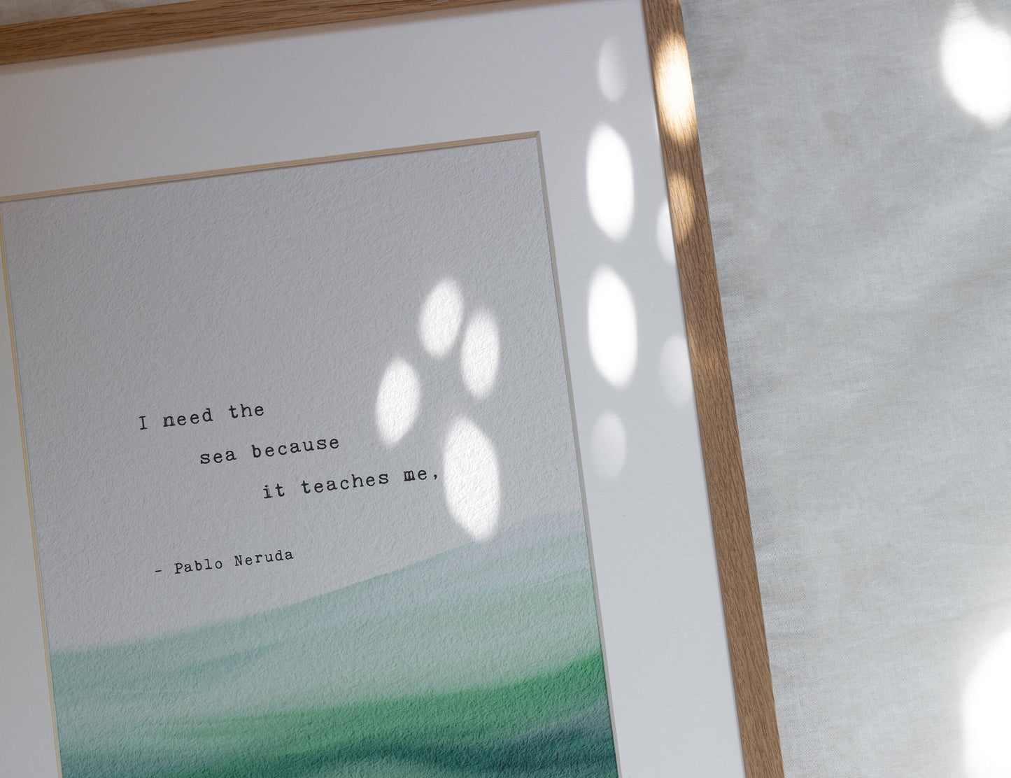 Pablo Neruda Quote Art "I need the sea because it teaches me". Minimal Ocean Art.